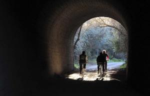 Via Verde de la Sierra, los buitres te esperan a la salida del tunel. Algunos túneles no están iluminados